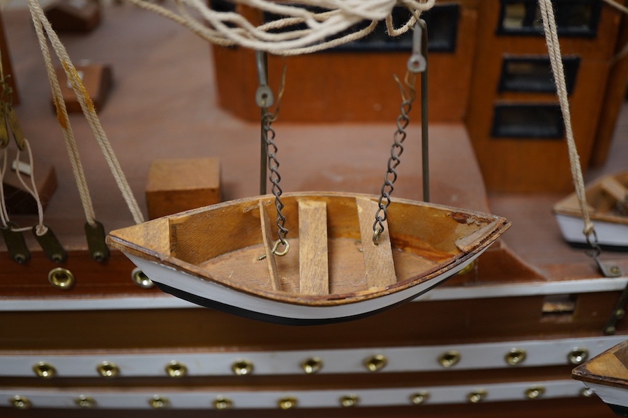 A large wooden ship model 'Amerigo Vespucci' three masted fully rigged and stand, 108cm high